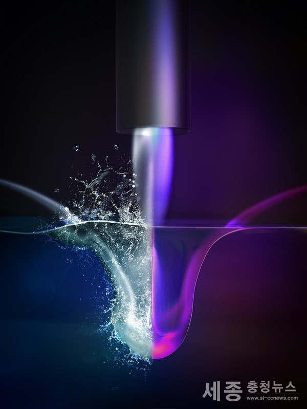 그림 1. 기체 제트의 이온화를 통한 액체 표면의 안정화를 모사한 삽화